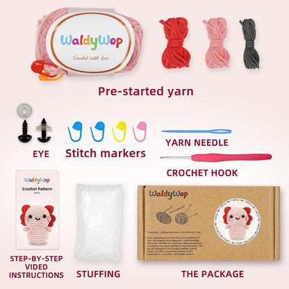 WaldyWop crochet kit with pre-started yarn, stitch markers, yarn needle, crochet hook, step-by-step video instructions, stuffing, and packaging on a white background.
