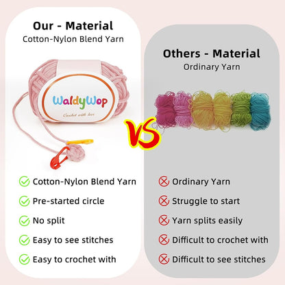Comparison of WaldyWop cotton-nylon blend yarn with ordinary yarn on a light pink background.