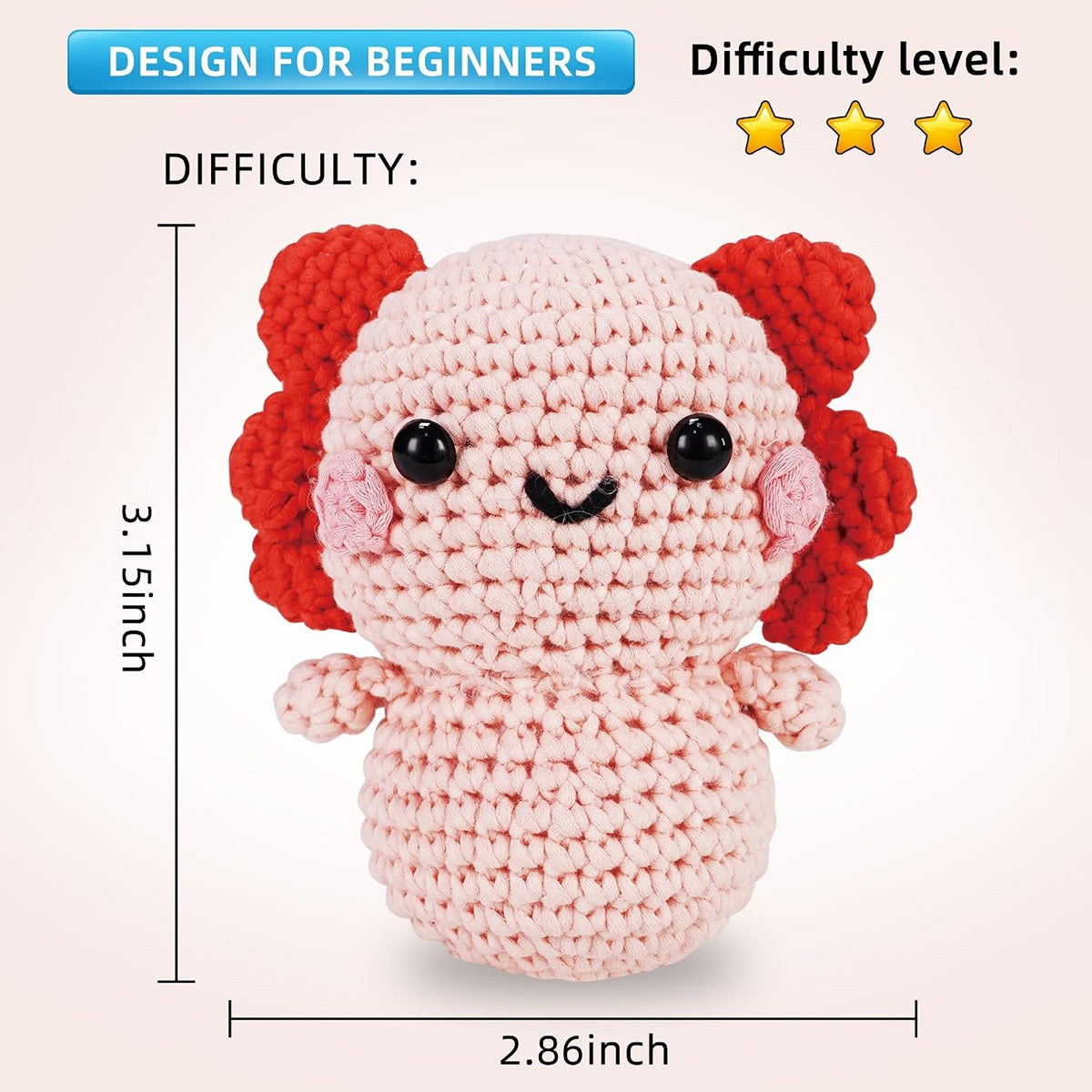 Crocheted toy with red flower-like ears and black eyes, labeled 'Design for Beginners' and 'Difficulty level: 3 stars'.