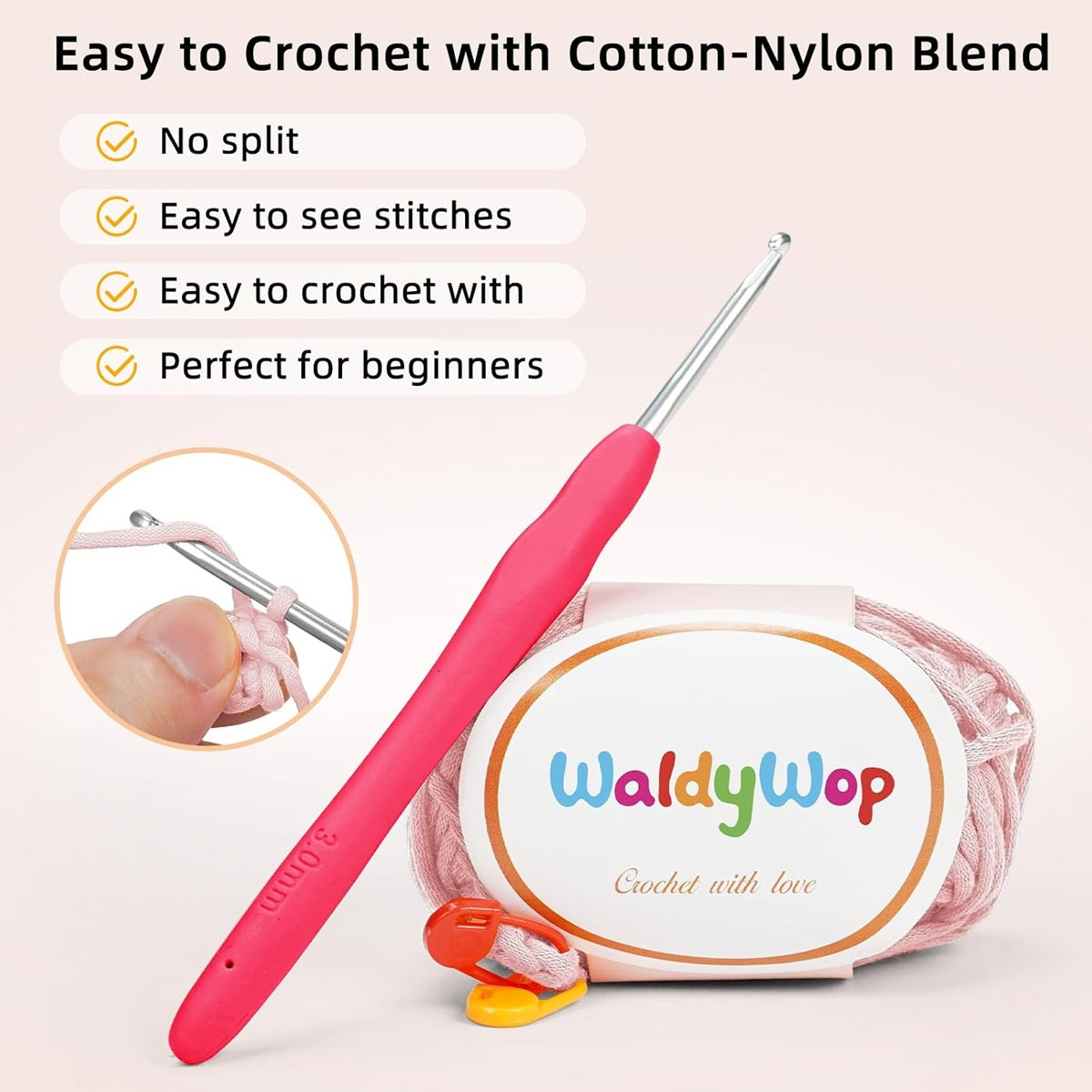 Pink crochet hook with a roll of yarn and 'WaldyWop' branding on a light pink background.