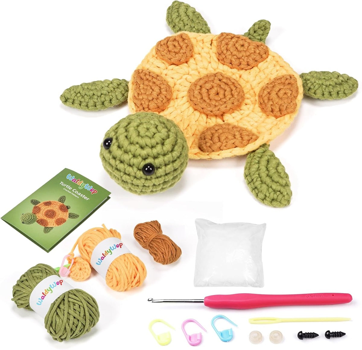 WaldyWop Turtle Coaster Crocheted turtle toy Kit with yarn, hooks, and instructions on a white background