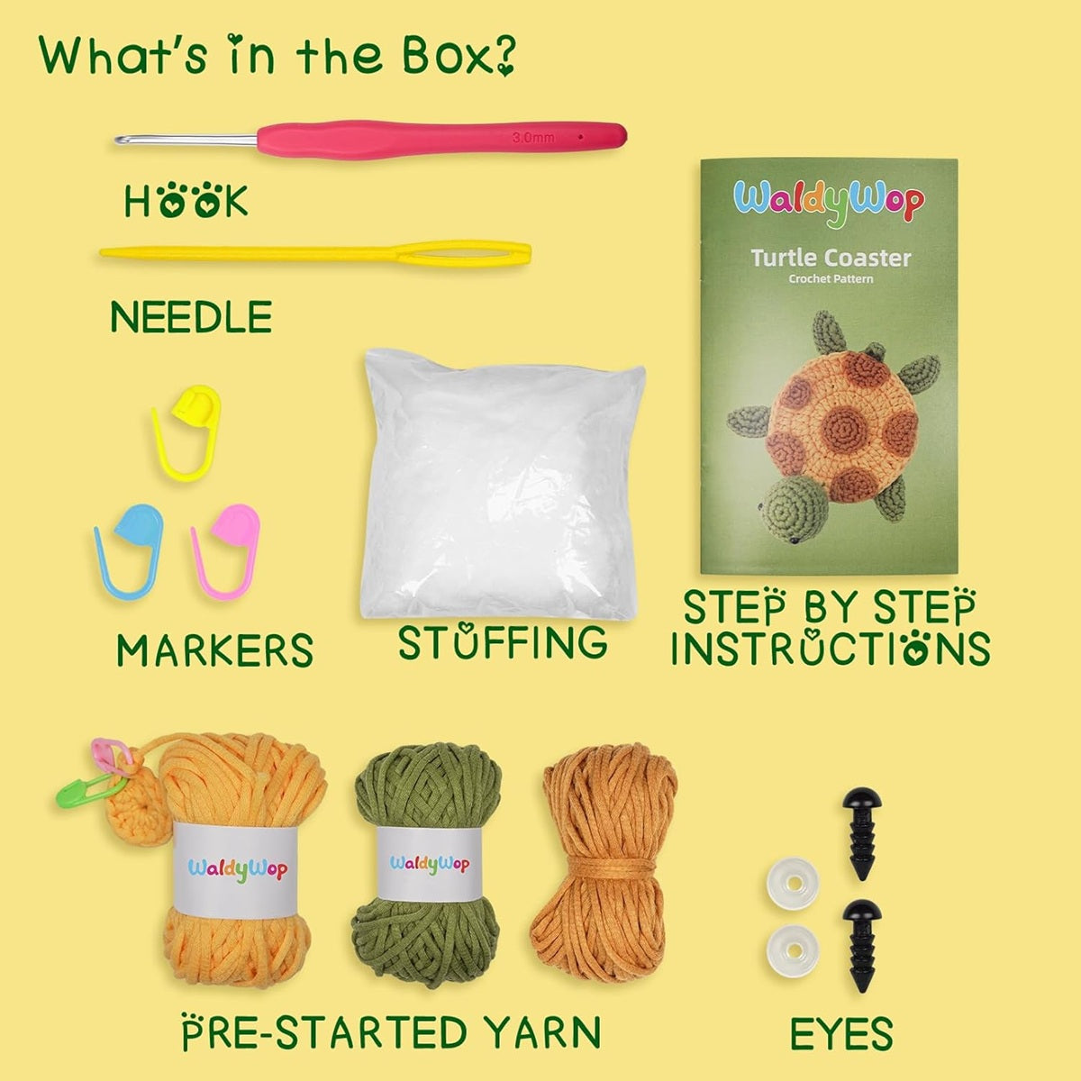 Crochet kit with hook, needle, markers, stuffing, yarn, and instructions on a yellow background