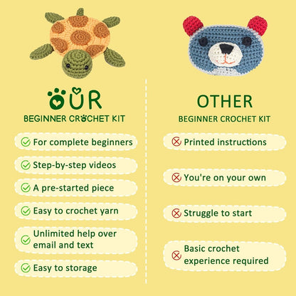 Comparison chart of beginner crochet kits with a turtle and bear toy on a yellow background.