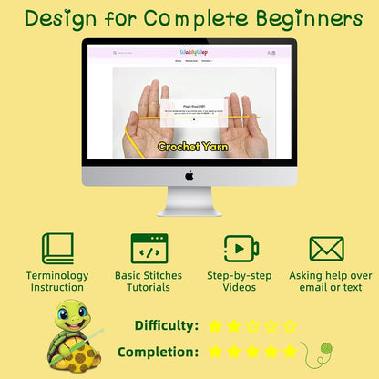 Computer monitor displaying a crochet yarn tutorial with educational icons and ratings on a yellow background.