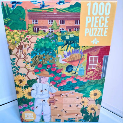 Colourful garden scene with a beekeeper tending a hive, flowers, animals and a house in the background.