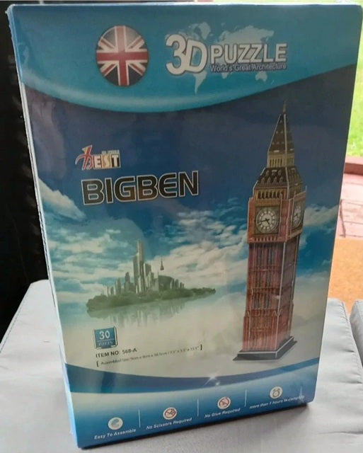 Box of a 3D puzzle featuring Big Ben, with a clear view of the product on a neutral background.