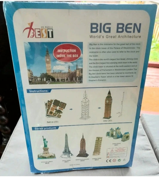 Box of a 3D puzzle featuring Big Ben with instructions and images of other landmarks.