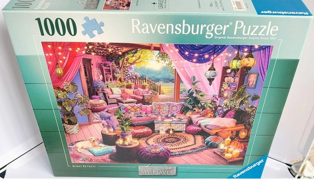 Ravensburger Boho Retreat 1000 piece jigsaw puzzle box with a colorful living room scene on the packaging.