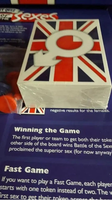 Card game box with British flag design and gender symbols