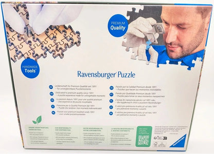 Ravensburger Ravensburger Puzzle premium quality jigsaw puzzle box showing the back panel with product details, text, and a photo of a man assembling a puzzle.