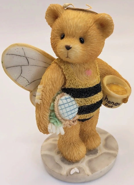 Cherished Teddies Bea. Bee My Friend figurine. 141348. Teddy bear dressed as a bee holding a honey pot on a white background.