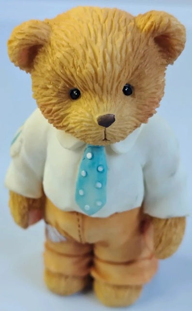 Cherished Teddies Child Of Pride teddy bear wearing a white shirt with a blue tie on a light gray background. Older Son. Our Cherished Family. 624829