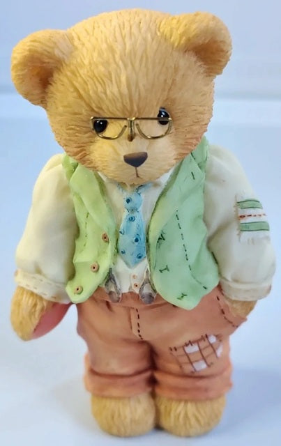 Cherished Teddies Grandpa Is God's Special Gift figurine.  Bear figurine wearing glasses, a vest, and a shirt on a white background. Our Cherished Family series. 127906.