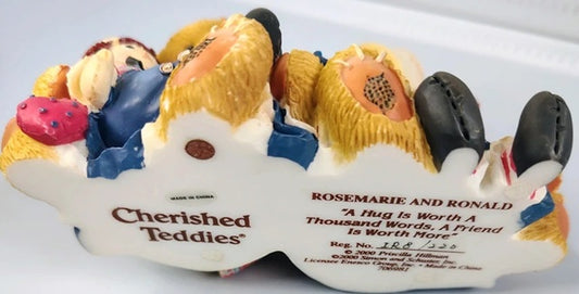 Cherished Teddies decorative teddy bear figurine with a heart-shaped base, featuring 'Rosemarie and Ronald' text.