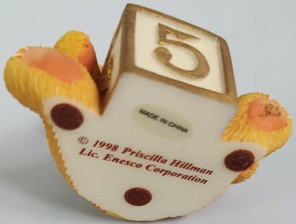 Cherished Teddies with a number 5 block, made in China, with Enesco Corporation branding.