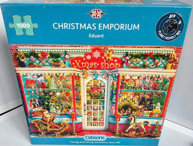 Gibsons Christmas Emporium  1000 piece Jigsaw puzzle box featuring a Christmas-themed store with colorful decorations