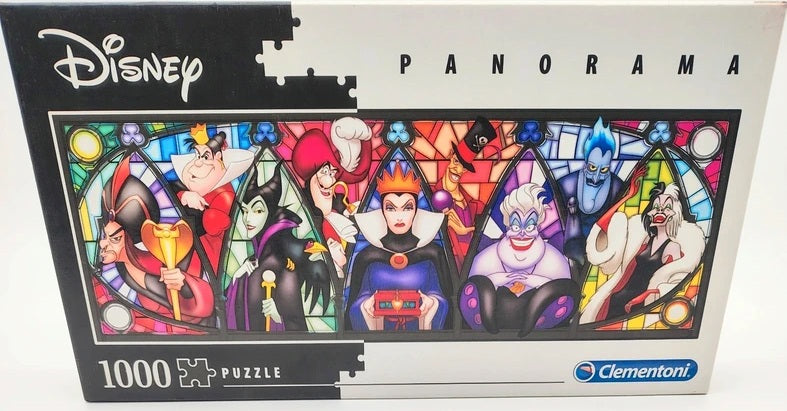 A 1000-piece jigsaw puzzle box by Clementoni featuring Disney villains in a stained-glass style. The box has a black top and bottom border with the Disney logo on the left and the word 'PANORAMA' at the top, and the Clementoni logo on the bottom right.