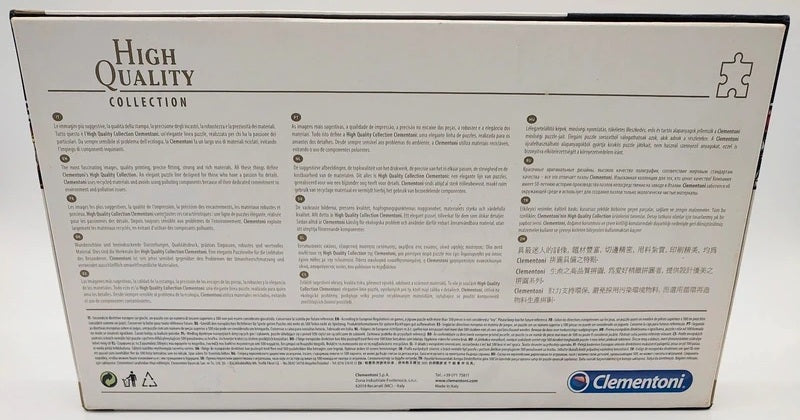 The back of a Clementoni High Quality Collection jigsaw puzzle box, featuring product details, safety information, and text in English and Chinese.