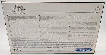 The back of a Clementoni High Quality Collection jigsaw puzzle box, featuring product details, safety information, and text in English and Chinese.