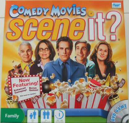 Box of 'Scene It?' comedy movies DVD game with images of people and popcorn.
