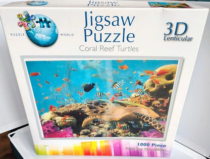 Jigsaw puzzle box with a 3D lenticular design of coral reef turtles and fish.