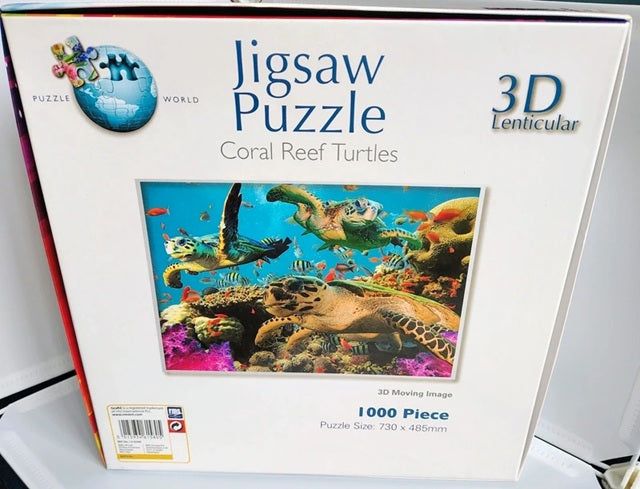 Jigsaw puzzle box featuring coral reef turtles with a lenticular design.