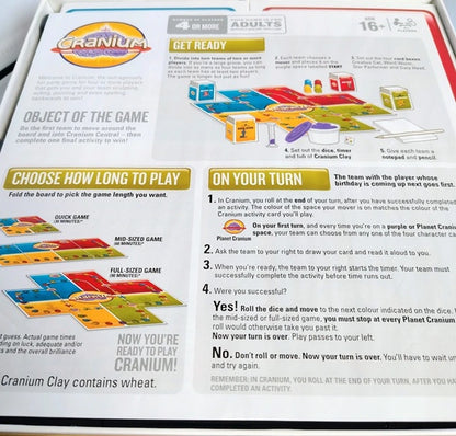 Cranium board game instructions with colorful graphics and text.