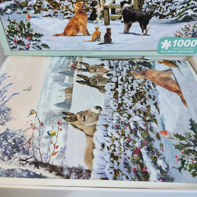 Jigsaw puzzle with donkeys and winter scene, showing a completed section.