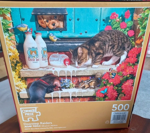 Jigsaw puzzle box with a cat, dog, and animals around a milk bottle on a decorative background.