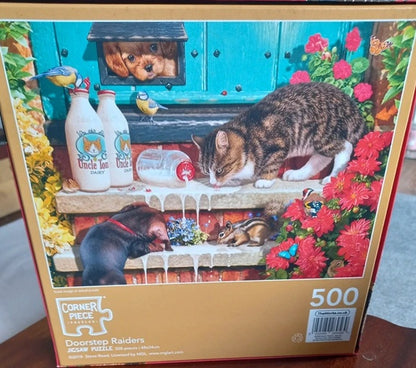 Jigsaw puzzle box with a cat, dog, and animals around a milk bottle on a decorative background.