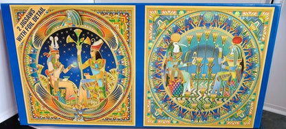 Two colourful Egyptian‑themed circular jigsaw designs with ornate patterns and foil detailing from a 2 x 1024 piece puzzle set.