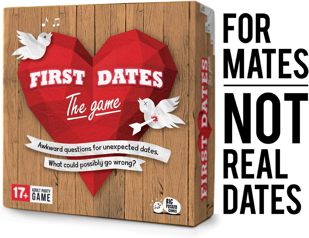 The board game box for 'First Dates: The Game' by Big Pieces Games, featuring a brown wood-grain background with a large red geometric heart, white doves, and bold white text. A black text overlay on the right reads 'FOR MATES NOT REAL DATES'.