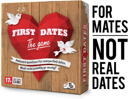 The board game box for 'First Dates: The Game' by Big Pieces Games, featuring a brown wood-grain background with a large red geometric heart, white doves, and bold white text. A black text overlay on the right reads 'FOR MATES NOT REAL DATES'.