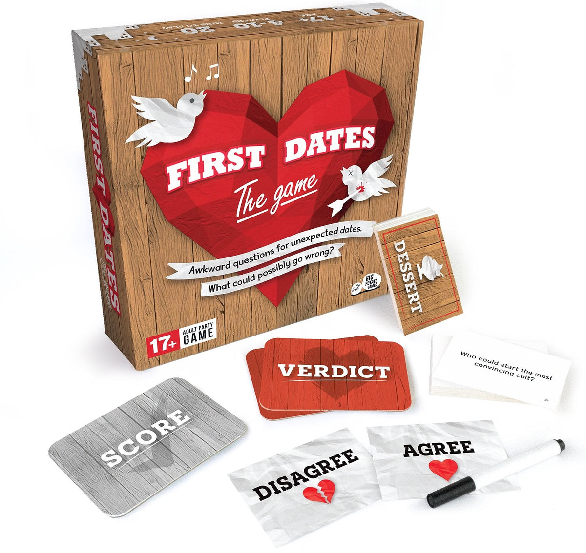 First Dates: The Game board game set with its wooden-style box, red heart board, verdict cards, score card, agree/disagree cards, and a white marker, arranged on a clean white background.