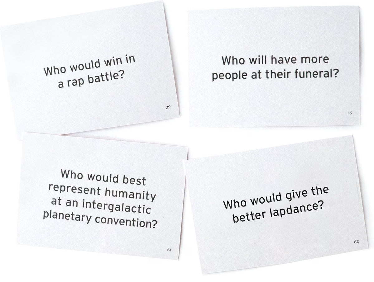 Four white rectangular cards with black printed riddle questions arranged on a white background.