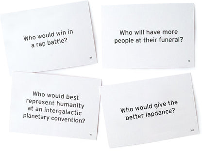 Four white rectangular cards with black printed riddle questions arranged on a white background.