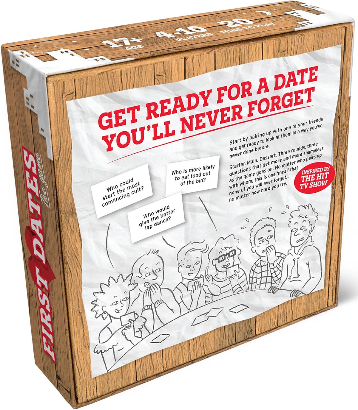 The product shown is a boxed party game called "First Dates" with a humorous twist, featuring a wood-grain style box design, a white paper insert with red text and black line art, and a red circular badge that reads "Seen on The Hit TV Show.".