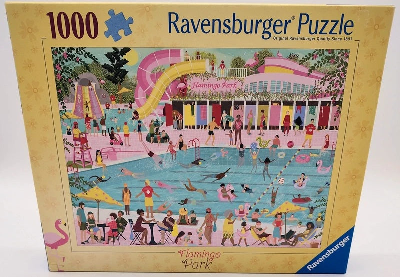 Ravensburger 1000-piece Flamingo Park jigsaw puzzle box featuring a colorful retro poolside scene labeled 'Flamingo Park'. The box has a beige border with the Ravensburger brand name at the top and bottom right.