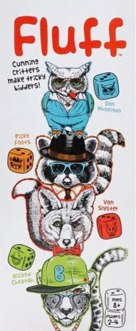 Box art for 'Fluff' with cartoon animals wearing hats and accessories.