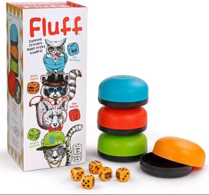Colorful dice stacker game with 'Fluff' packaging on a white background
