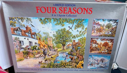 Four seasonal village scenes from a 4 in 1 jigsaw puzzle collection showing spring, summer, autumn and winter artwork.