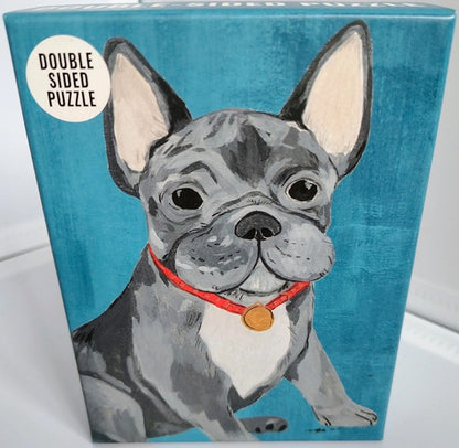 Double-sided puzzle box with a dog illustration on a blue background