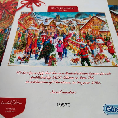Christmas-themed jigsaw puzzle packaging with a snowy village scene and limited edition certification.