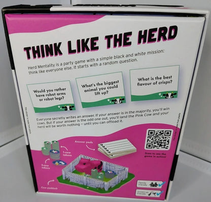 Game box for 'Think Like the Herd' with pink and white design