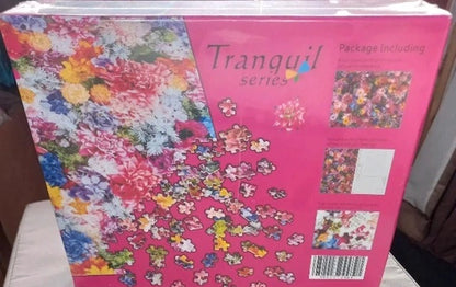 Jigsaw puzzle box with colorful floral design and 'Tranquil series' branding.