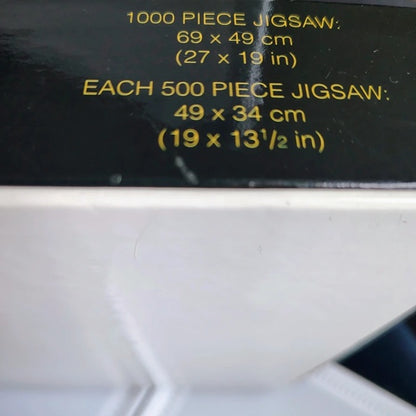 Jigsaw puzzle packaging with dimensions displayed