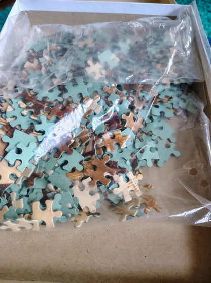 Jigsaw puzzle pieces in a box with plastic wrap