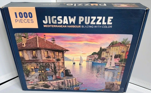 Colourful Mediterranean harbour scene at sunset from a 1000 piece jigsaw puzzle.