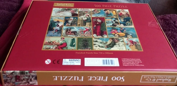 Jigsaw puzzle box with illustrations of people on a red background