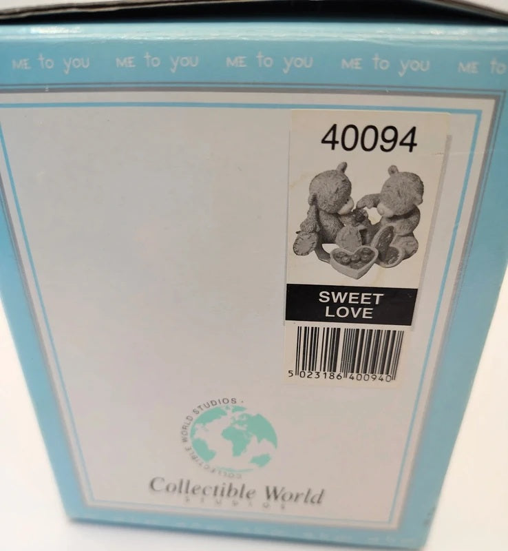 Close-up of the back of a Collectible World 'Sweet Love' teddy bear gift box, showing product number 40094, a barcode, and a small grayscale illustration of two teddy bears hugging.